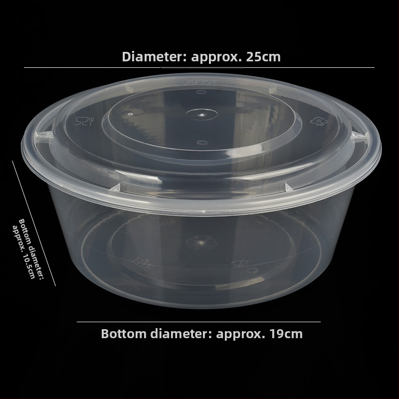 Okrúhly plastový miska s viečkom, priesvitný box na jedlo na donášku