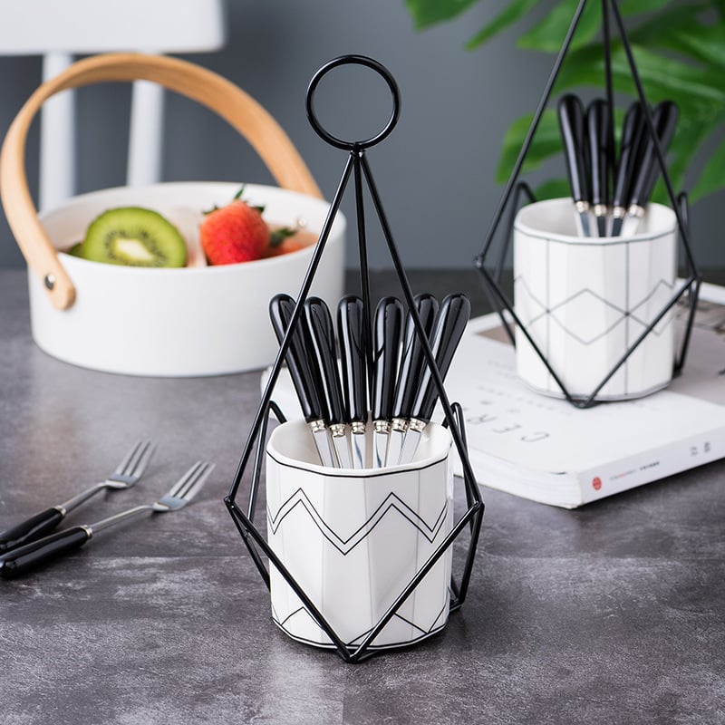 Set vilica za voće s keramičkim držačem, nordijski stil, minimalistička geometrija, logo tiskano, prilagodljivo