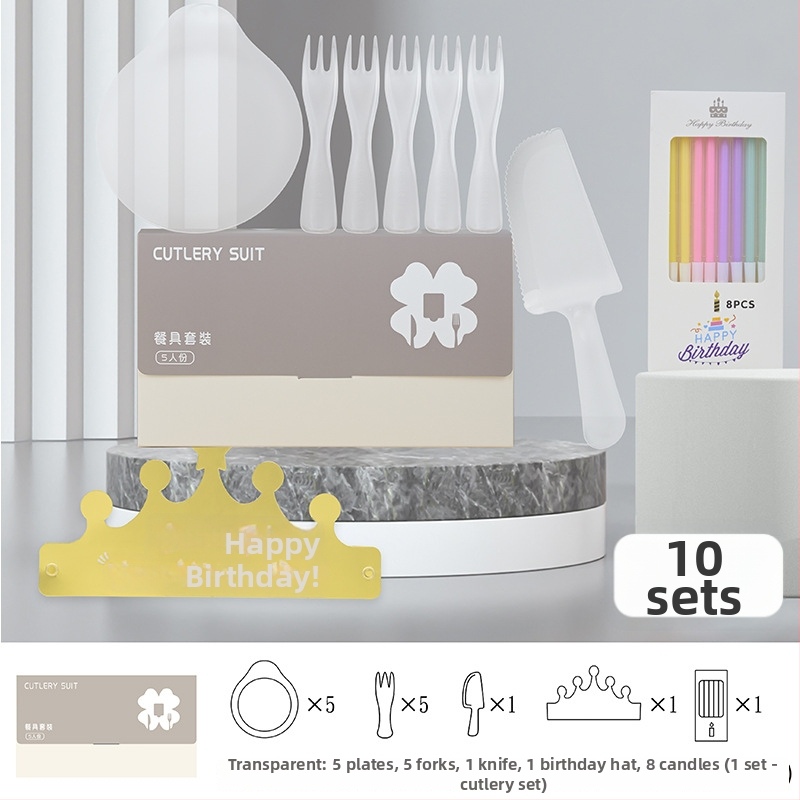 Jednorázová súprava na narodeniny: nôž, vidlica, tanier, kvapka sviečky a narodeninová čiapka – päť v jednom v darčekovej krabici; plast vhodný pre potraviny; prispôsobiteľný