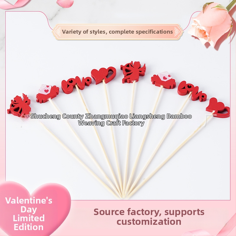 Bambusz nyárs rózsa-virágsokor motívummal és masnival – kandírozott gyümölcs és koktél díszítéséhez, 100 darabos csomag