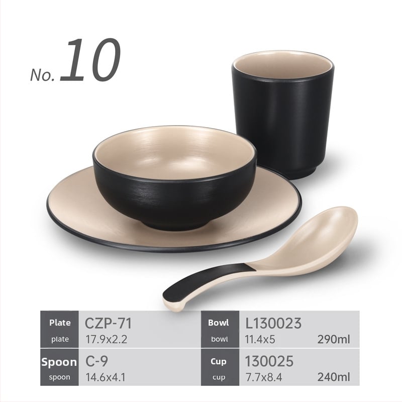 Četverodijelni plastični set posuđa s melaminskom imitacijom porculana za hotpot restorane — zdjele, žlice, tanjuri i šalice, izdržljiv za komercijalnu upotrebu