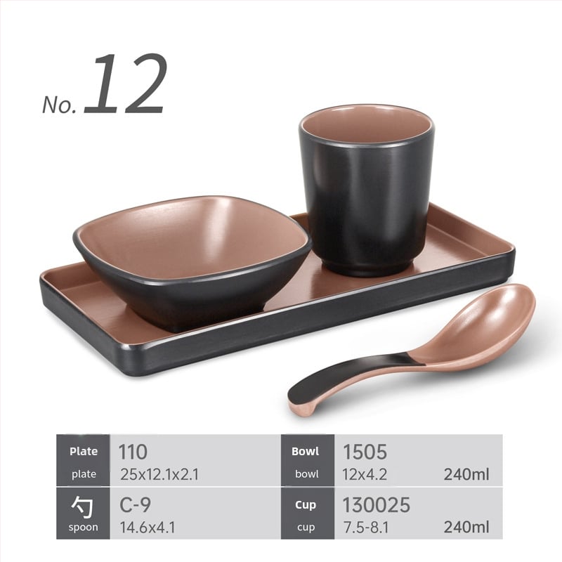 Četverodijelni plastični set posuđa s melaminskom imitacijom porculana za hotpot restorane — zdjele, žlice, tanjuri i šalice, izdržljiv za komercijalnu upotrebu