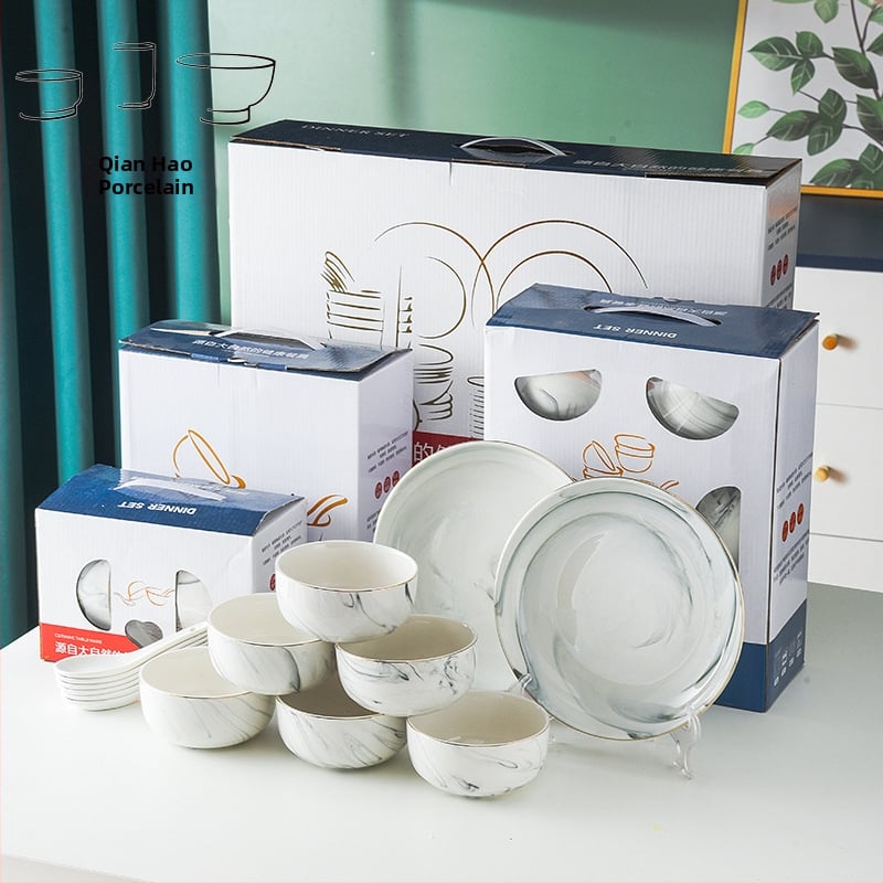 Porcelán étkészlet ajándékba – tálak, tányérok és kanalak, logóval nyomtatva, testreszabható, mikrohullámú sütőben használható, kerek formájú