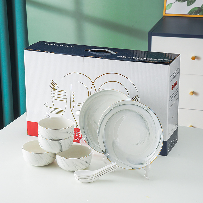 Porcelán étkészlet ajándékba – tálak, tányérok és kanalak, logóval nyomtatva, testreszabható, mikrohullámú sütőben használható, kerek formájú