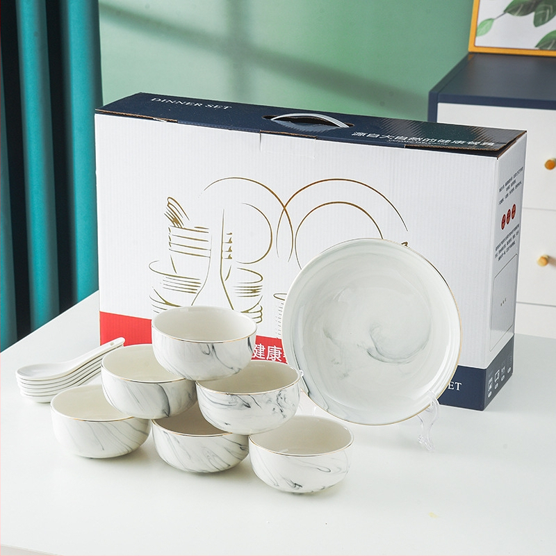 Porcelán étkészlet ajándékba – tálak, tányérok és kanalak, logóval nyomtatva, testreszabható, mikrohullámú sütőben használható, kerek formájú