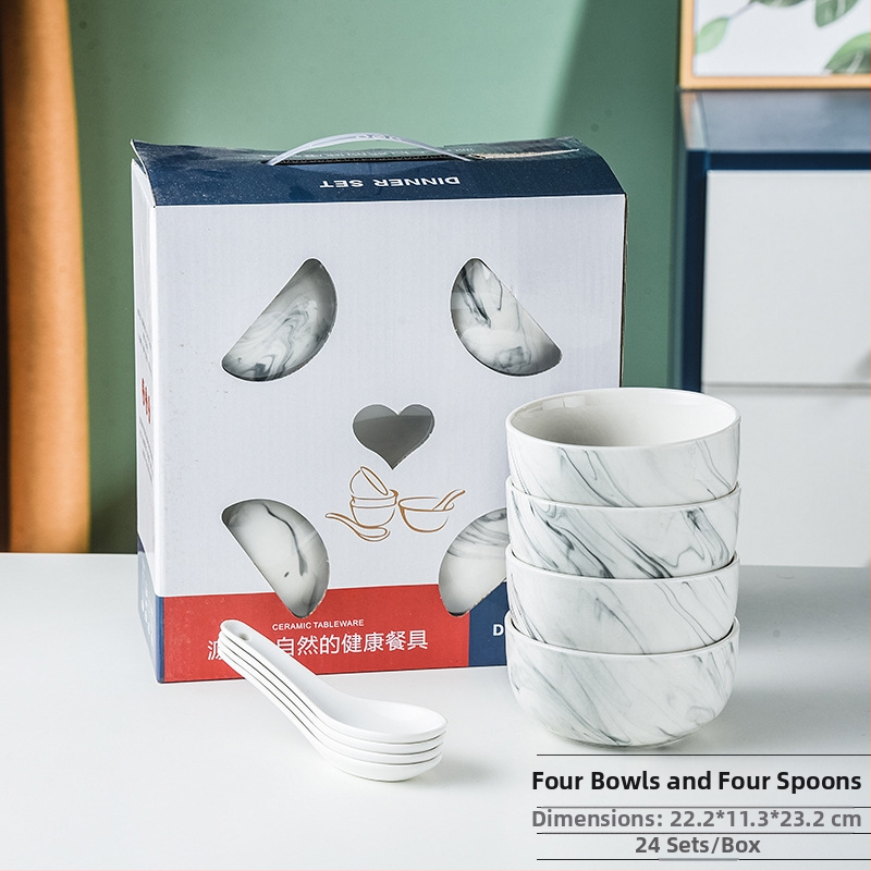 Porcelán étkészlet ajándékba – tálak, tányérok és kanalak, logóval nyomtatva, testreszabható, mikrohullámú sütőben használható, kerek formájú