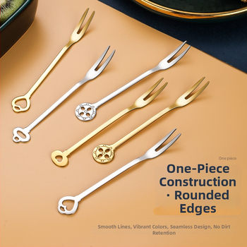 Ovocná vidlička s dvoma zubami, nerezová oceľ, moderný minimalistický štýl, kvetinový vzor, zrkadlový lesk