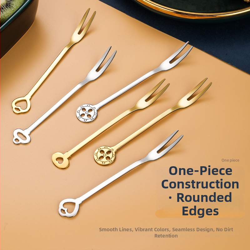 Ovocná vidlička s dvoma zubami, nerezová oceľ, moderný minimalistický štýl, kvetinový vzor, zrkadlový lesk