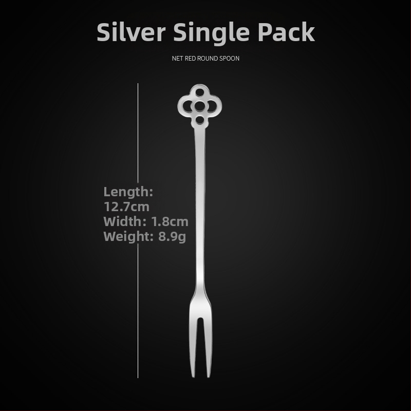 Ovocná vidlička s dvoma zubami, nerezová oceľ, moderný minimalistický štýl, kvetinový vzor, zrkadlový lesk