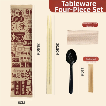 Jednorázová súprava štyroch dielov (príbory: paličky a lyžička) – bambus, pre catering a donášku, možnosť potlače loga, prispôsobiteľné
