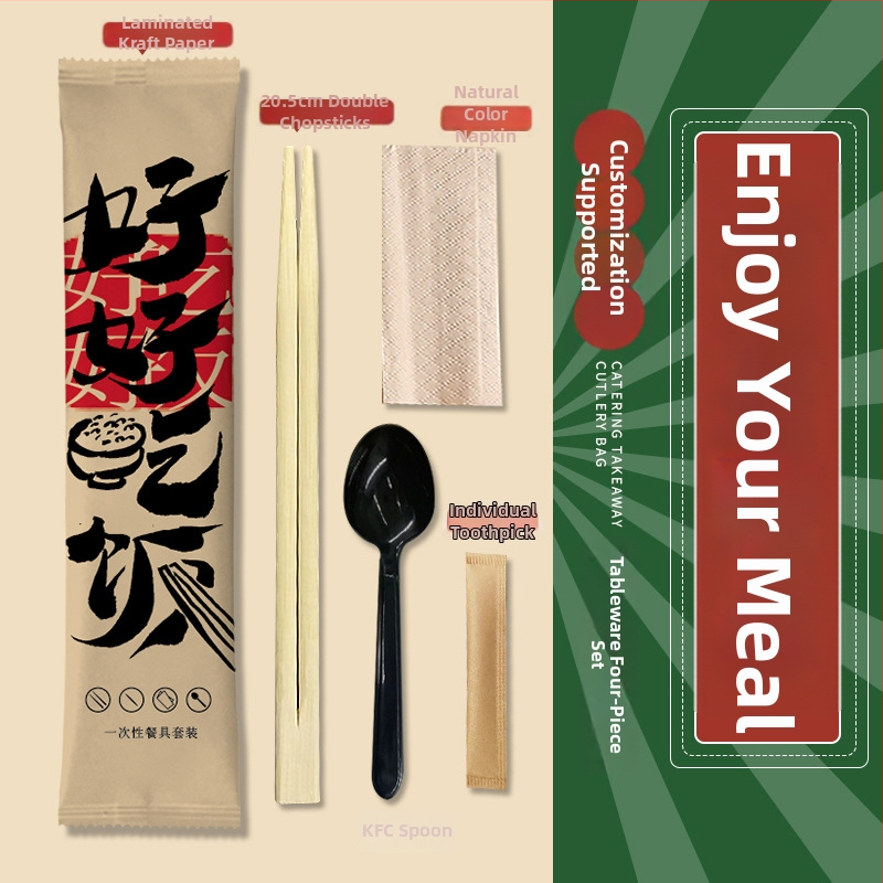 Jednorázová súprava štyroch dielov (príbory: paličky a lyžička) – bambus, pre catering a donášku, možnosť potlače loga, prispôsobiteľné