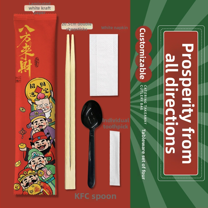 Jednorázová súprava štyroch dielov (príbory: paličky a lyžička) – bambus, pre catering a donášku, možnosť potlače loga, prispôsobiteľné