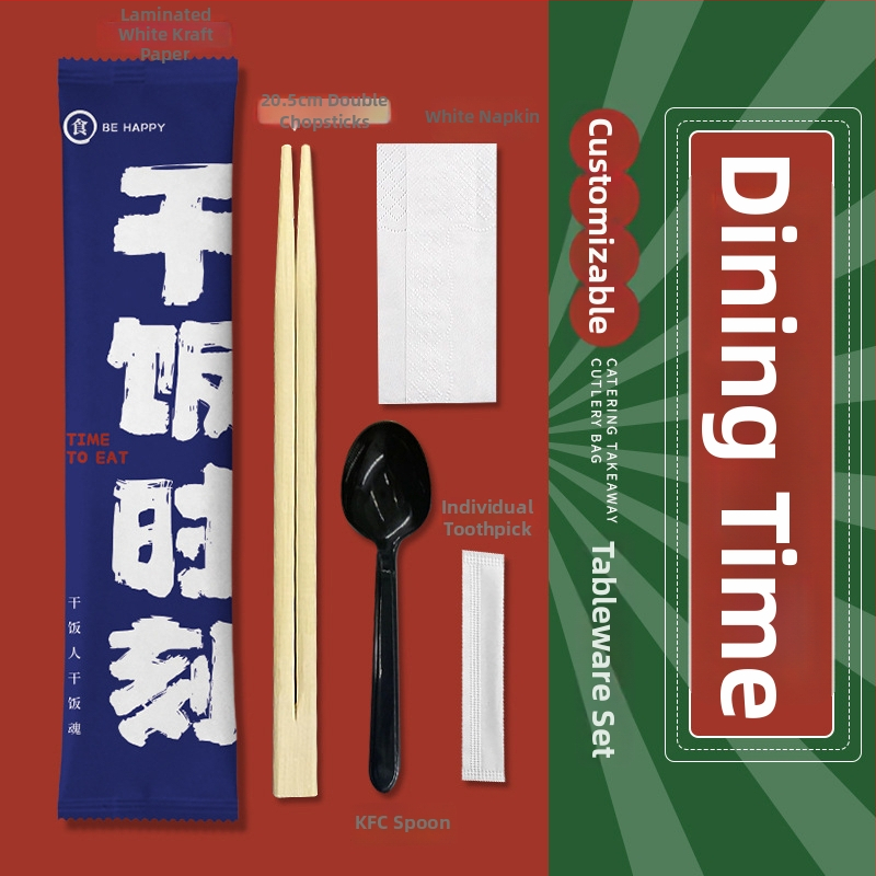 Jednorázová súprava štyroch dielov (príbory: paličky a lyžička) – bambus, pre catering a donášku, možnosť potlače loga, prispôsobiteľné