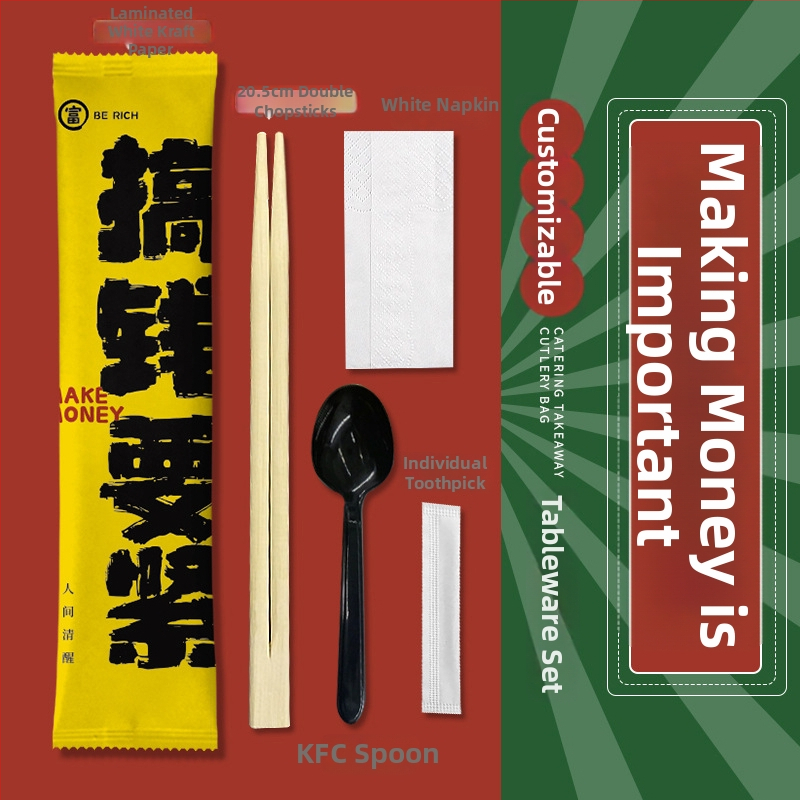 Jednorázová súprava štyroch dielov (príbory: paličky a lyžička) – bambus, pre catering a donášku, možnosť potlače loga, prispôsobiteľné