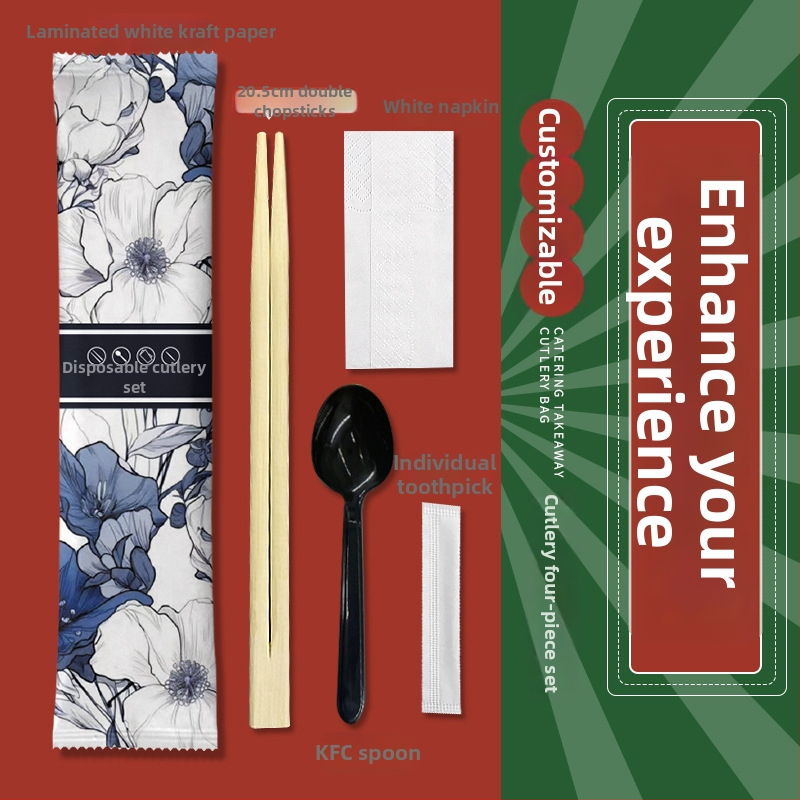 Jednorázová súprava štyroch dielov (príbory: paličky a lyžička) – bambus, pre catering a donášku, možnosť potlače loga, prispôsobiteľné