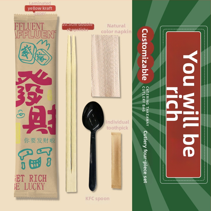 Jednorázová súprava štyroch dielov (príbory: paličky a lyžička) – bambus, pre catering a donášku, možnosť potlače loga, prispôsobiteľné