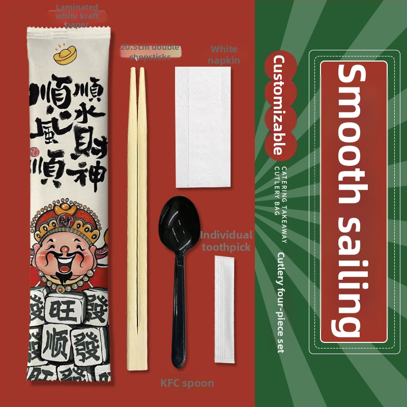 Jednorázová súprava štyroch dielov (príbory: paličky a lyžička) – bambus, pre catering a donášku, možnosť potlače loga, prispôsobiteľné