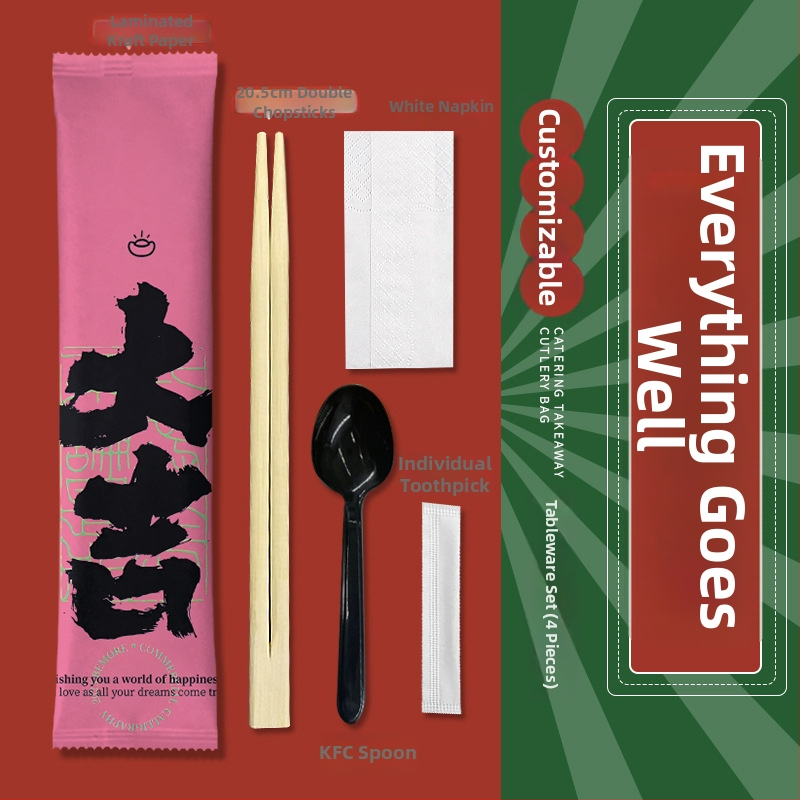 Jednorázová súprava štyroch dielov (príbory: paličky a lyžička) – bambus, pre catering a donášku, možnosť potlače loga, prispôsobiteľné