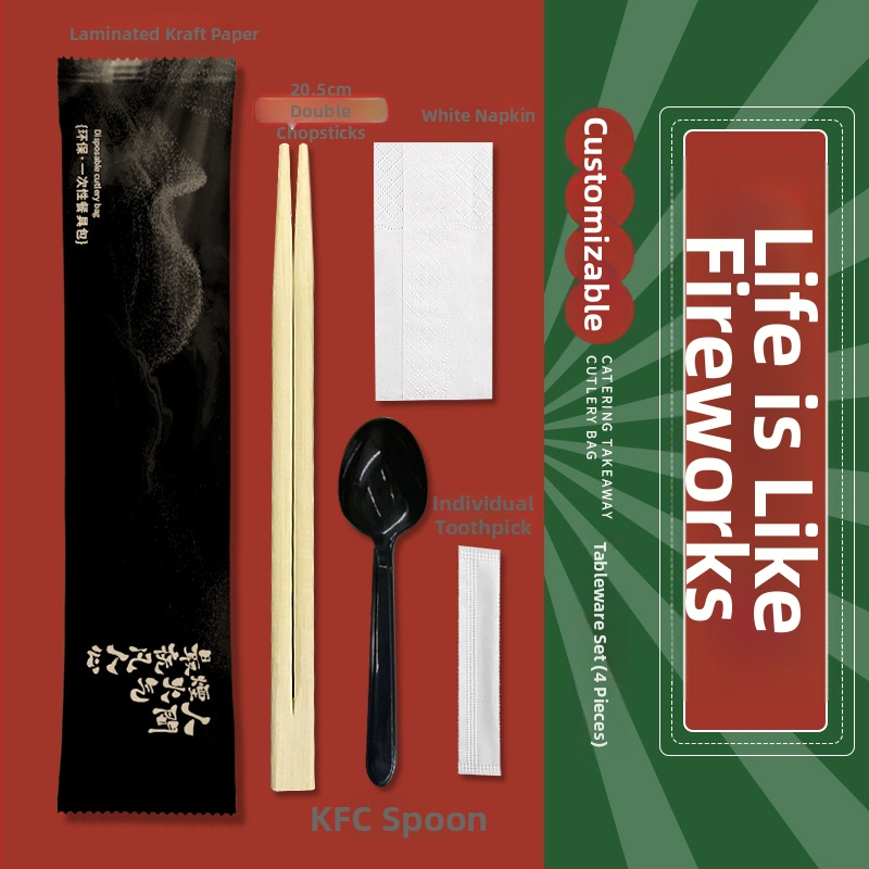 Jednorázová súprava štyroch dielov (príbory: paličky a lyžička) – bambus, pre catering a donášku, možnosť potlače loga, prispôsobiteľné