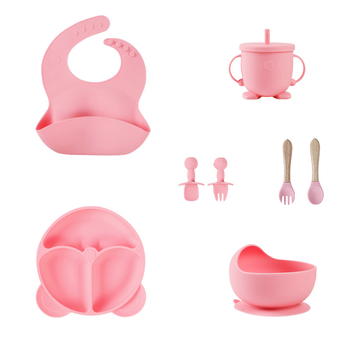 Set de veselă pentru bebeluși din silicon alimentar cu bavă și farfurie compartimentată cu ventuză – 6 piese, potrivit pentru copii peste 6 luni