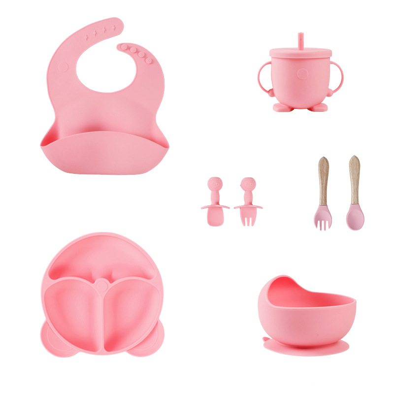 Set de veselă pentru bebeluși din silicon alimentar cu bavă și farfurie compartimentată cu ventuză – 6 piese, potrivit pentru copii peste 6 luni