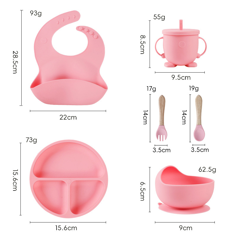 Set de veselă pentru bebeluși din silicon alimentar cu bavă și farfurie compartimentată cu ventuză – 6 piese, potrivit pentru copii peste 6 luni