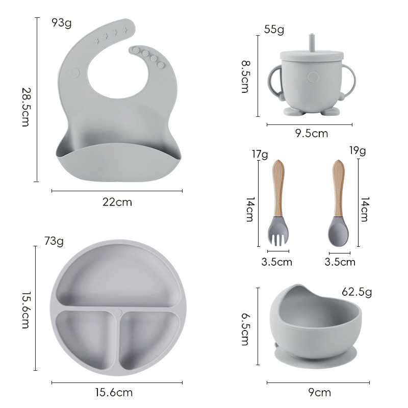 Set de veselă pentru bebeluși din silicon alimentar cu bavă și farfurie compartimentată cu ventuză – 6 piese, potrivit pentru copii peste 6 luni