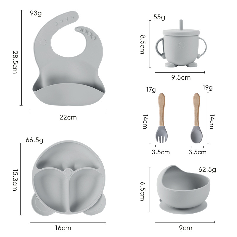 Set de veselă pentru bebeluși din silicon alimentar cu bavă și farfurie compartimentată cu ventuză – 6 piese, potrivit pentru copii peste 6 luni
