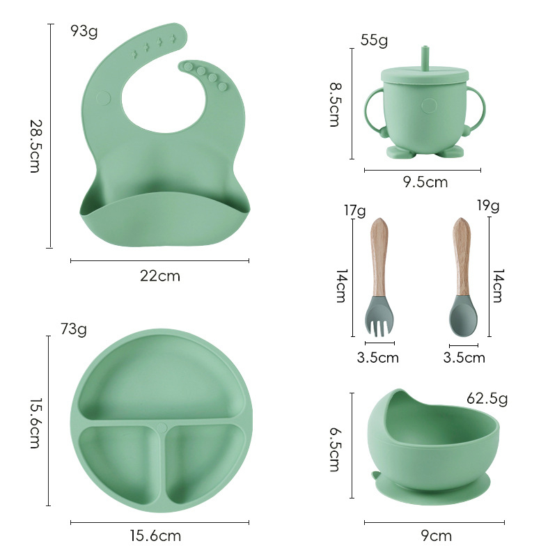 Set de veselă pentru bebeluși din silicon alimentar cu bavă și farfurie compartimentată cu ventuză – 6 piese, potrivit pentru copii peste 6 luni