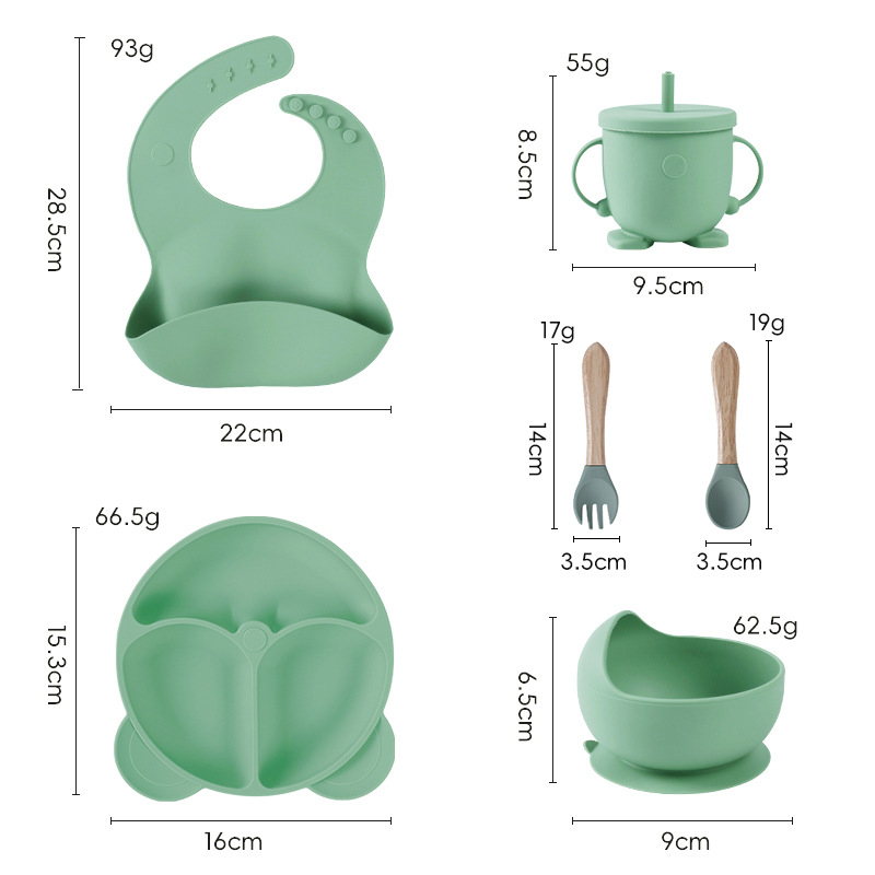 Set de veselă pentru bebeluși din silicon alimentar cu bavă și farfurie compartimentată cu ventuză – 6 piese, potrivit pentru copii peste 6 luni