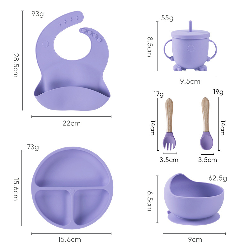 Set de veselă pentru bebeluși din silicon alimentar cu bavă și farfurie compartimentată cu ventuză – 6 piese, potrivit pentru copii peste 6 luni