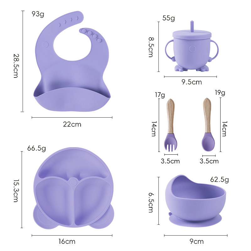 Set de veselă pentru bebeluși din silicon alimentar cu bavă și farfurie compartimentată cu ventuză – 6 piese, potrivit pentru copii peste 6 luni