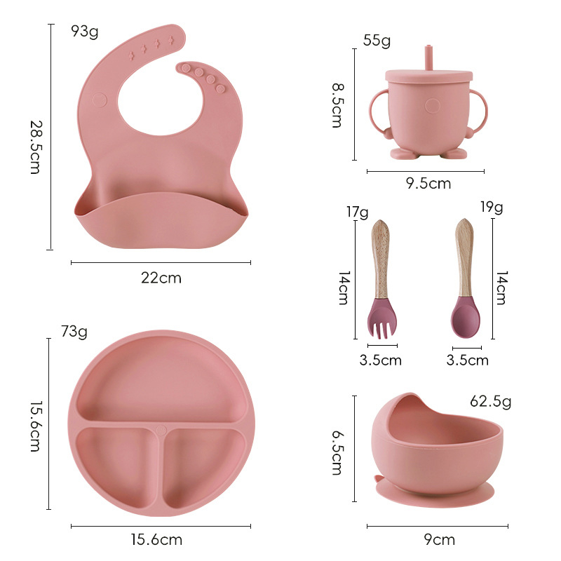 Set de veselă pentru bebeluși din silicon alimentar cu bavă și farfurie compartimentată cu ventuză – 6 piese, potrivit pentru copii peste 6 luni