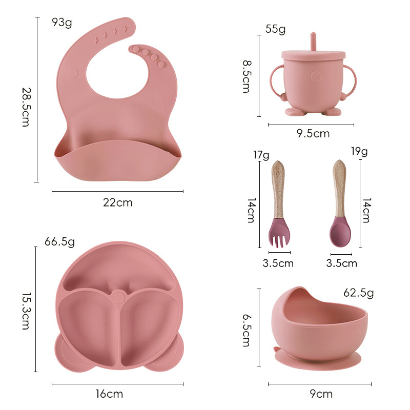 Set de veselă pentru bebeluși din silicon alimentar cu bavă și farfurie compartimentată cu ventuză – 6 piese, potrivit pentru copii peste 6 luni