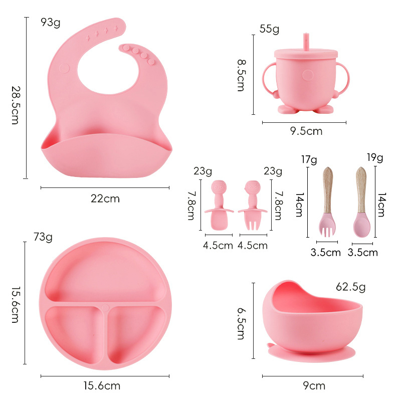 Set de veselă pentru bebeluși din silicon alimentar cu bavă și farfurie compartimentată cu ventuză – 6 piese, potrivit pentru copii peste 6 luni