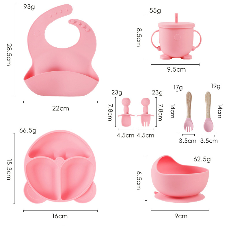 Set de veselă pentru bebeluși din silicon alimentar cu bavă și farfurie compartimentată cu ventuză – 6 piese, potrivit pentru copii peste 6 luni