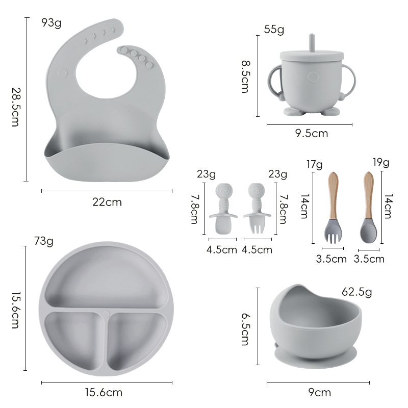 Set de veselă pentru bebeluși din silicon alimentar cu bavă și farfurie compartimentată cu ventuză – 6 piese, potrivit pentru copii peste 6 luni