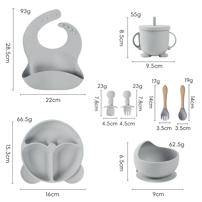 Set de veselă pentru bebeluși din silicon alimentar cu bavă și farfurie compartimentată cu ventuză – 6 piese, potrivit pentru copii peste 6 luni