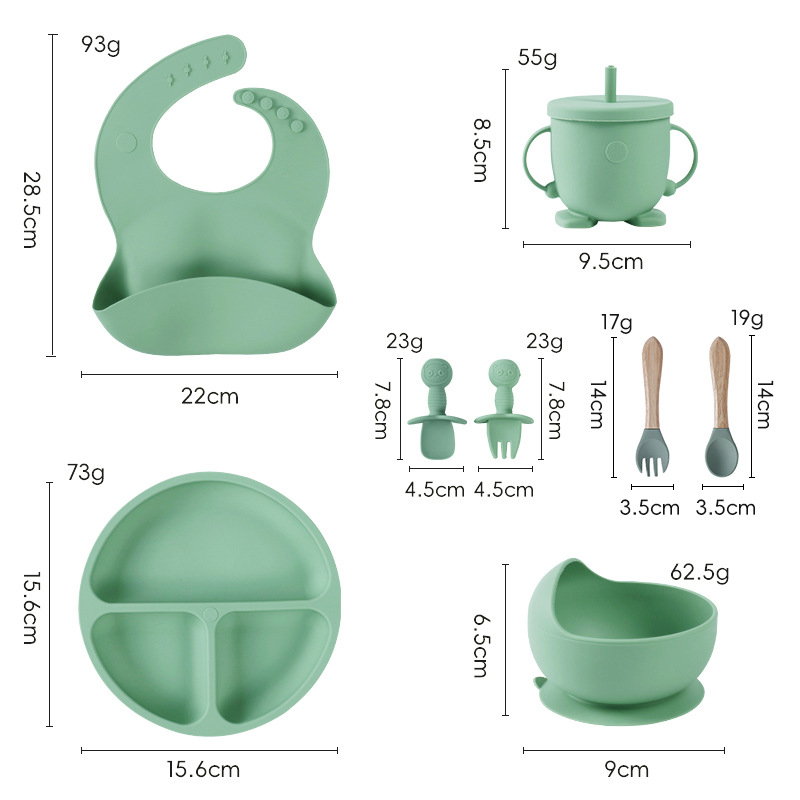 Set de veselă pentru bebeluși din silicon alimentar cu bavă și farfurie compartimentată cu ventuză – 6 piese, potrivit pentru copii peste 6 luni