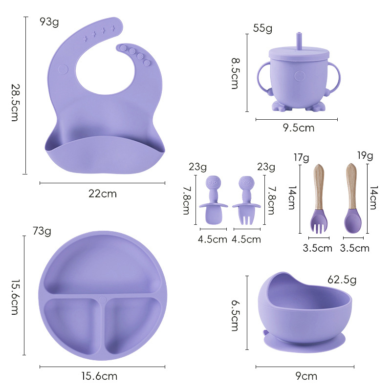 Set de veselă pentru bebeluși din silicon alimentar cu bavă și farfurie compartimentată cu ventuză – 6 piese, potrivit pentru copii peste 6 luni