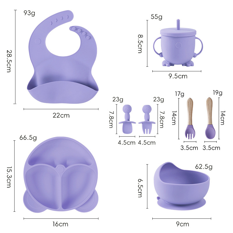 Set de veselă pentru bebeluși din silicon alimentar cu bavă și farfurie compartimentată cu ventuză – 6 piese, potrivit pentru copii peste 6 luni