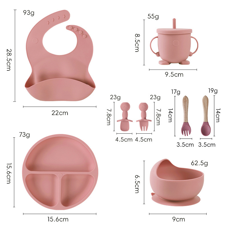 Set de veselă pentru bebeluși din silicon alimentar cu bavă și farfurie compartimentată cu ventuză – 6 piese, potrivit pentru copii peste 6 luni