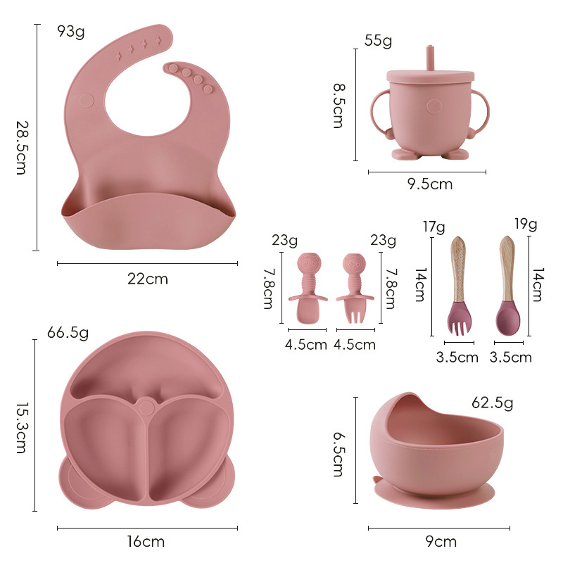 Set de veselă pentru bebeluși din silicon alimentar cu bavă și farfurie compartimentată cu ventuză – 6 piese, potrivit pentru copii peste 6 luni