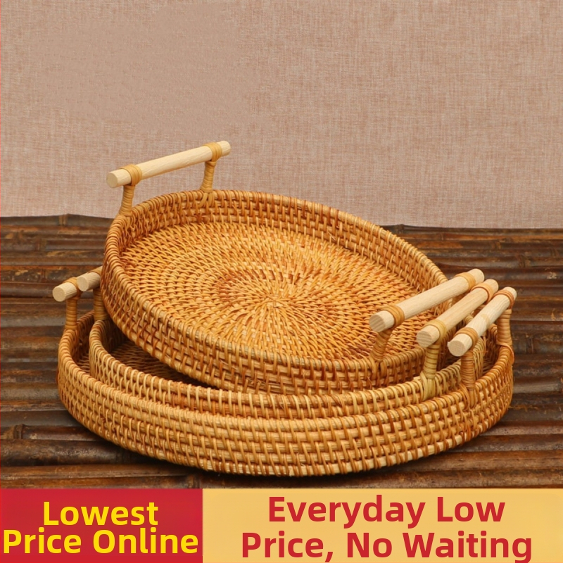 Ručne pletený košík z ratanu na ovocie a chleba, severský jednoduchý štýl, bambusový podnos