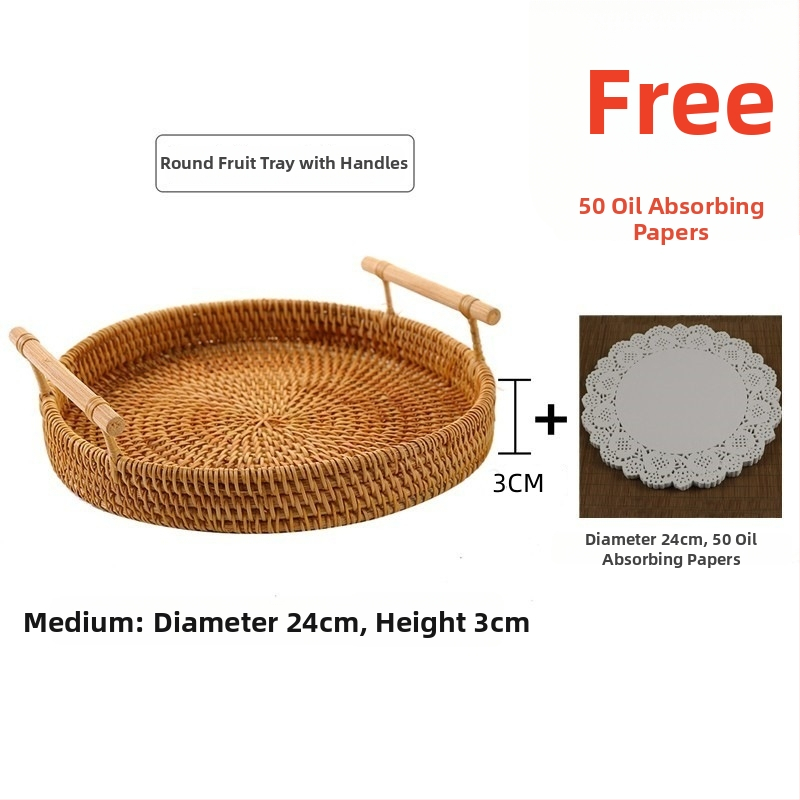 Ručne pletený košík z ratanu na ovocie a chleba, severský jednoduchý štýl, bambusový podnos