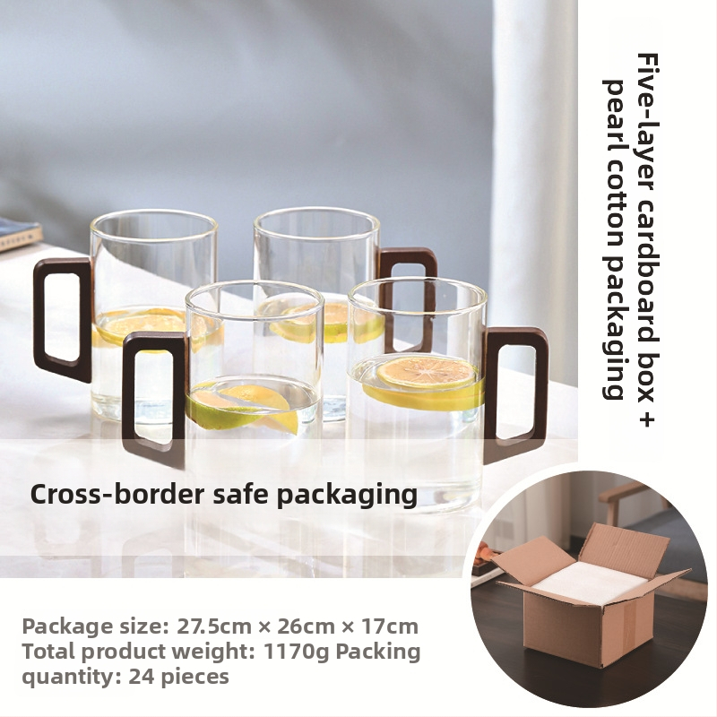 Fanshi – Set čaša za vodu, prozirne, staklo visoke borosilikatne otporu na toplinu, minimalistički stil, četvrtasta drvena drška