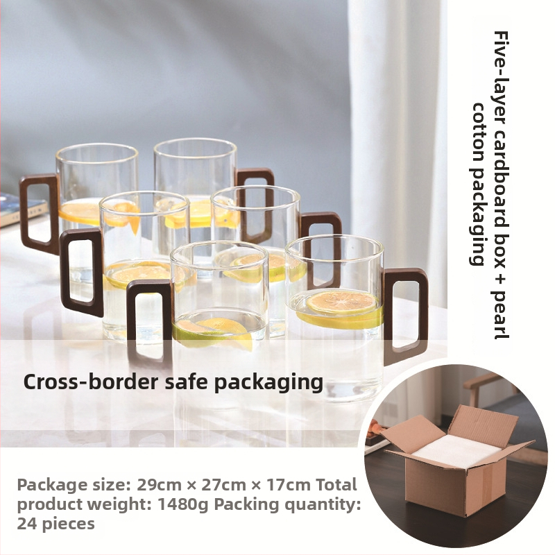 Fanshi – Set čaša za vodu, prozirne, staklo visoke borosilikatne otporu na toplinu, minimalistički stil, četvrtasta drvena drška