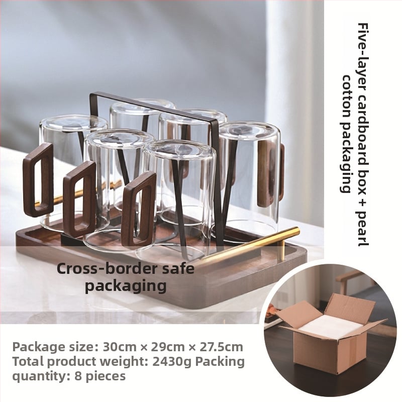 Fanshi – Set čaša za vodu, prozirne, staklo visoke borosilikatne otporu na toplinu, minimalistički stil, četvrtasta drvena drška