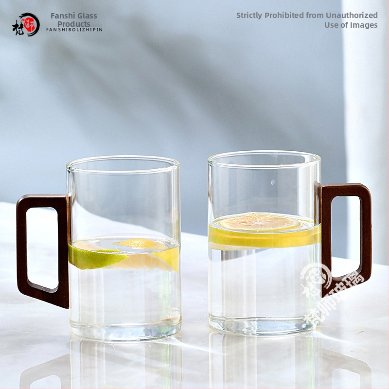 Fanshi – Set čaša za vodu, prozirne, staklo visoke borosilikatne otporu na toplinu, minimalistički stil, četvrtasta drvena drška