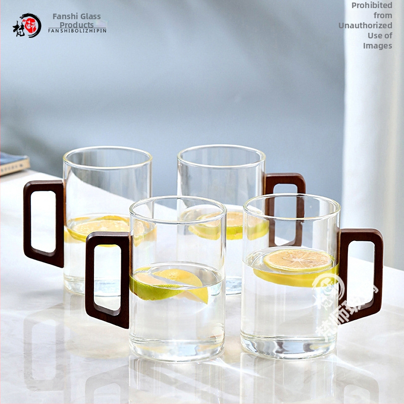 Fanshi – Set čaša za vodu, prozirne, staklo visoke borosilikatne otporu na toplinu, minimalistički stil, četvrtasta drvena drška